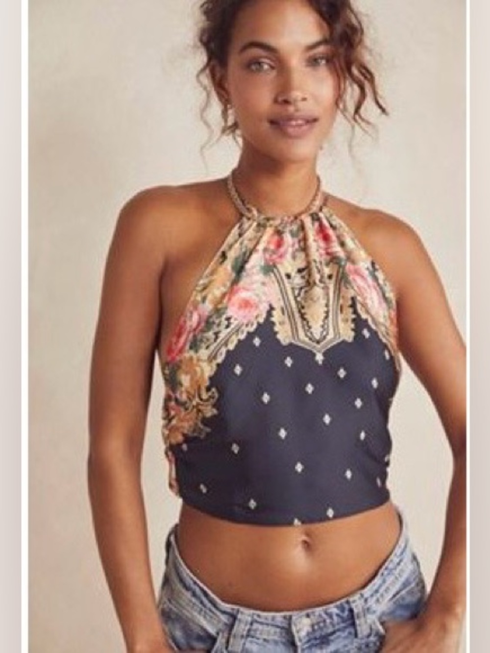 Free People Black Floral Halter Tie-Back Top